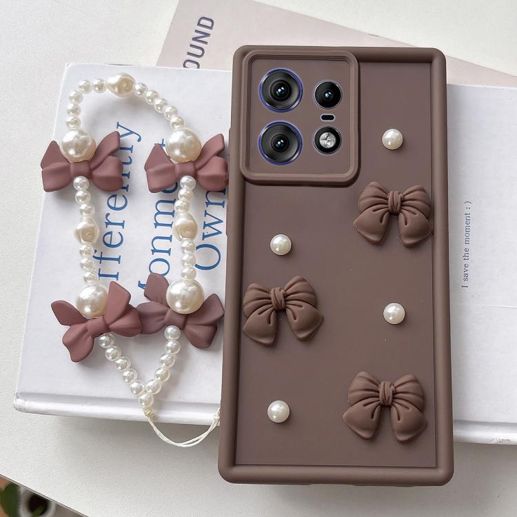 For Motorola Edge 50 Pro Soft Silicone 3D Bowknot Pearl Phone Case with Beaded Wrist Strap
