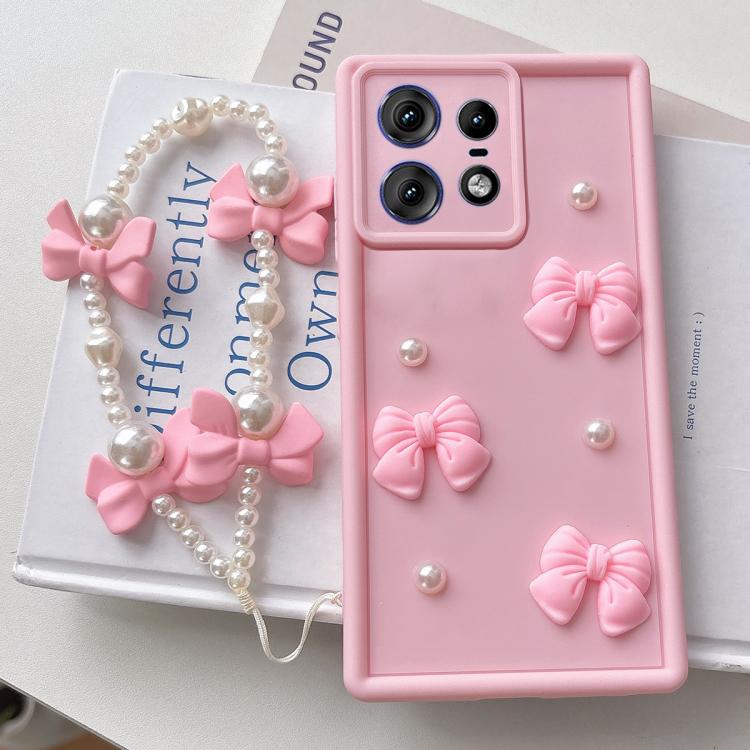 For Motorola Edge 50 Pro Soft Silicone 3D Bowknot Pearl Phone Case with Beaded Wrist Strap