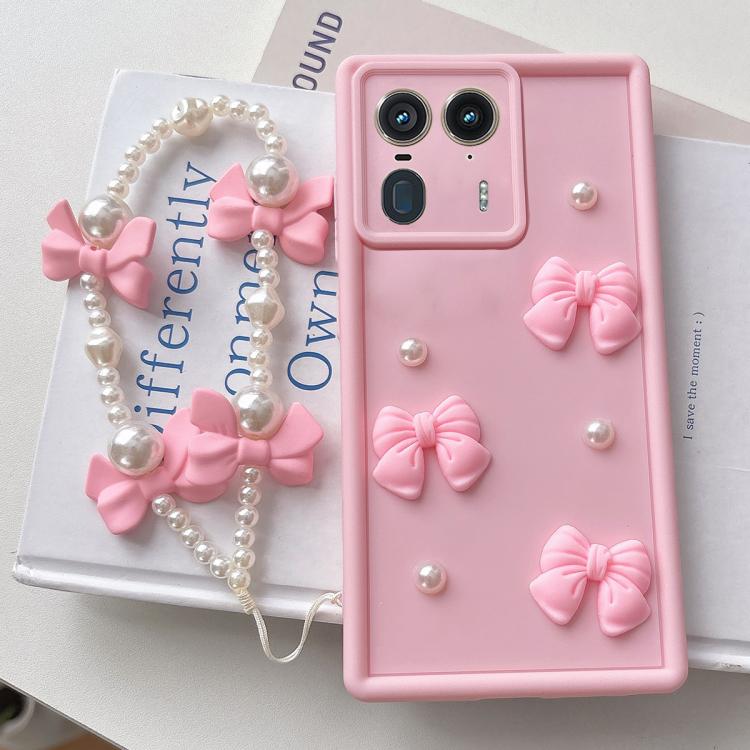 For Motorola Edge 50 Ultra Soft Silicone 3D Bowknot Pearl Phone Case with Beaded Wrist Strap