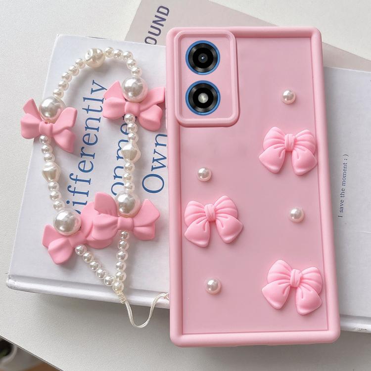For Motorola Moto G04/G04s/E14 Soft Silicone 3D Bowknot Pearl Phone Case with Beaded Wrist Strap