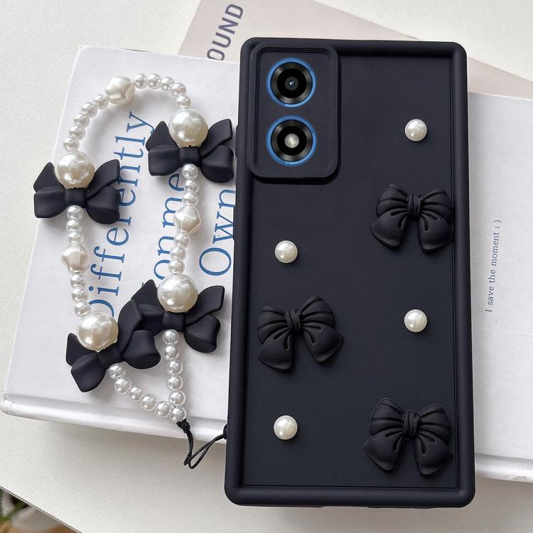 For Motorola Moto G04/G04s/E14 Soft Silicone 3D Bowknot Pearl Phone Case with Beaded Wrist Strap