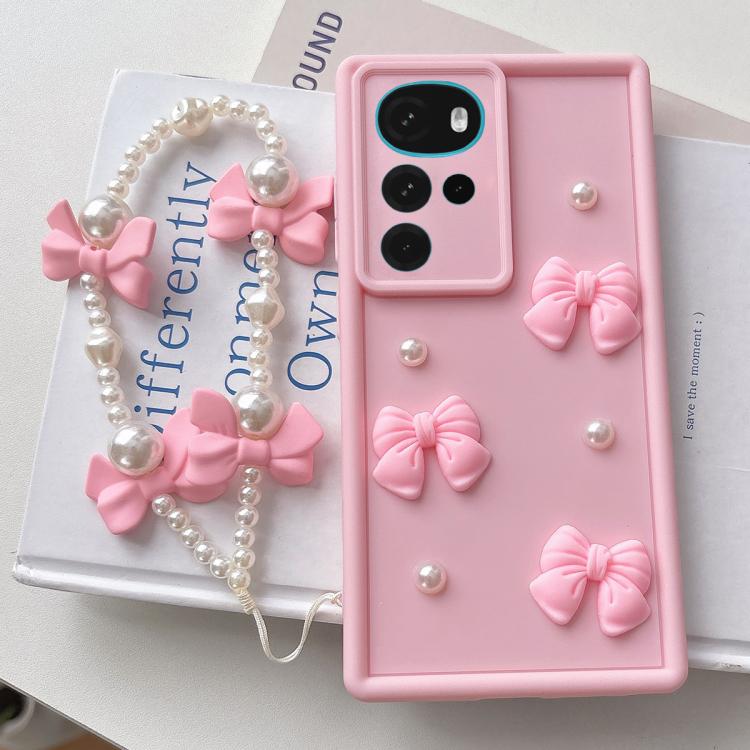 For Motorola Moto G22 Soft Silicone 3D Bowknot Pearl Phone Case with Beaded Wrist Strap