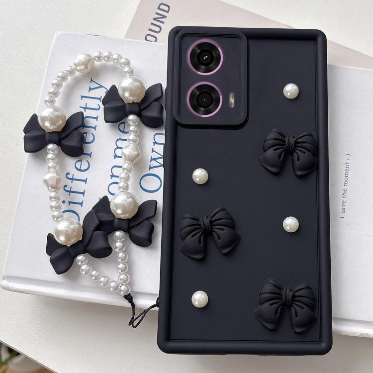 For Motorola Moto G24 Soft Silicone 3D Bowknot Pearl Phone Case with Beaded Wrist Strap