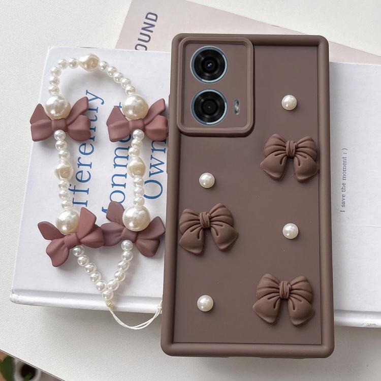 For Motorola Moto G24 Power Soft Silicone 3D Bowknot Pearl Phone Case with Beaded Wrist Strap