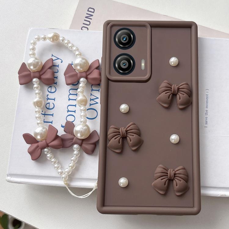 For Motorola Moto G53 5G Soft Silicone 3D Bowknot Pearl Phone Case with Beaded Wrist Strap