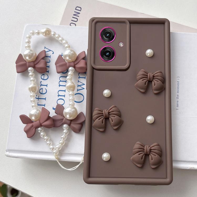 For Motorola Moto G55 Soft Silicone 3D Bowknot Pearl Phone Case with Beaded Wrist Strap