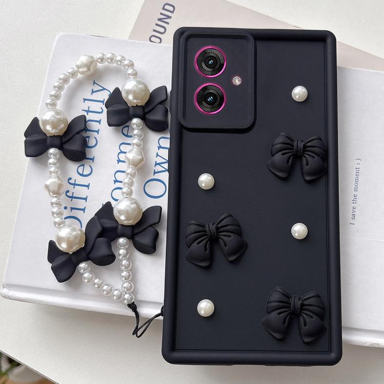 For Motorola Moto G55 Soft Silicone 3D Bowknot Pearl Phone Case with Beaded Wrist Strap