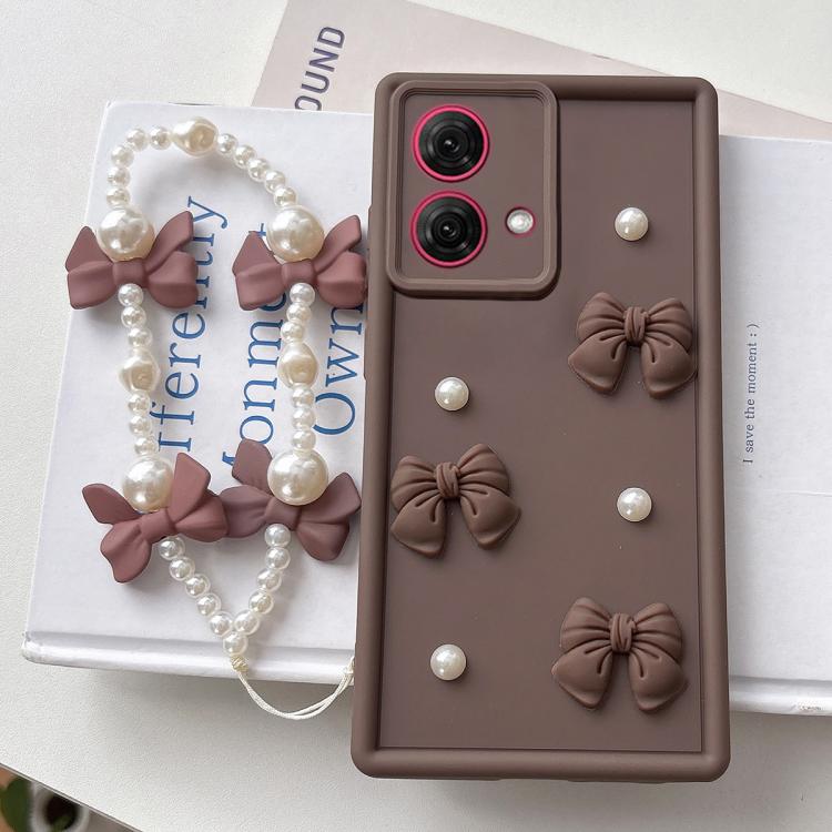 For Motorola Moto G84 Soft Silicone 3D Bowknot Pearl Phone Case with Beaded Wrist Strap
