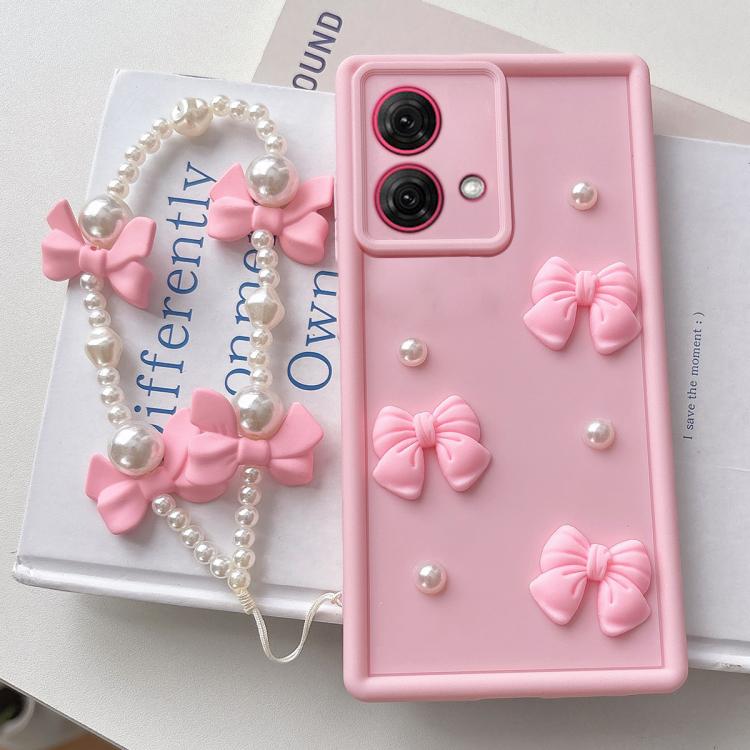 For Motorola Moto G84 Soft Silicone 3D Bowknot Pearl Phone Case with Beaded Wrist Strap