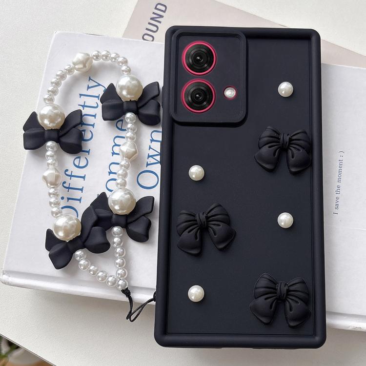 For Motorola Moto G84 Soft Silicone 3D Bowknot Pearl Phone Case with Beaded Wrist Strap