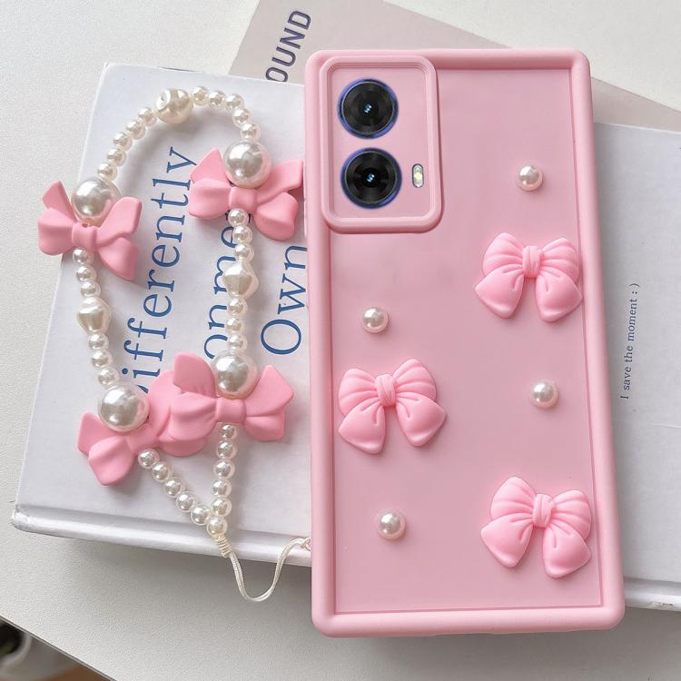 For Motorola Moto G85 Soft Silicone 3D Bowknot Pearl Phone Case with Beaded Wrist Strap