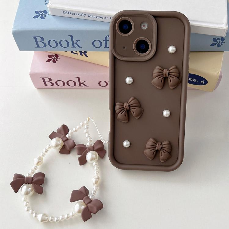 For iPhone 14 Soft Silicone 3D Bowknot Pearl Phone Case with Beaded Wrist Strap