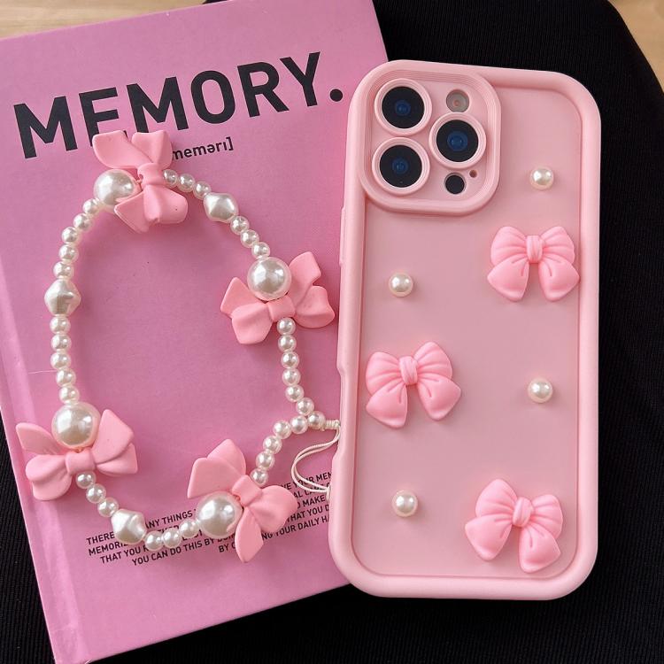 For iPhone 14 Pro Max Soft Silicone 3D Bowknot Pearl Phone Case with Beaded Wrist Strap