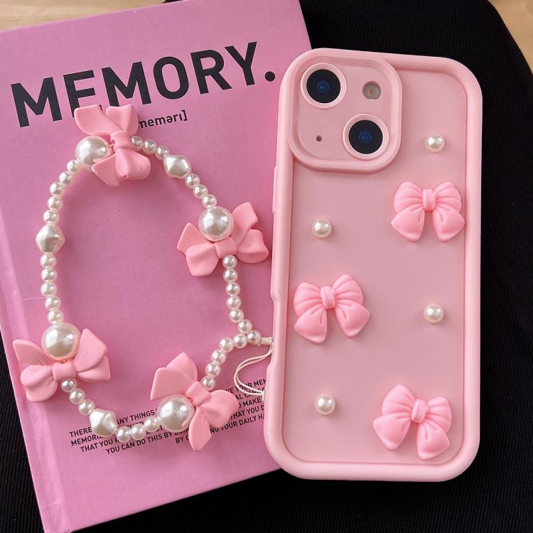 For iPhone 15 Soft Silicone 3D Bowknot Pearl Phone Case with Beaded Wrist Strap