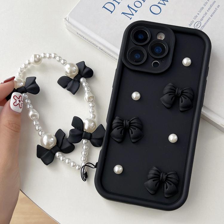 For iPhone 15 Pro Max Soft Silicone 3D Bowknot Pearl Phone Case with Beaded Wrist Strap