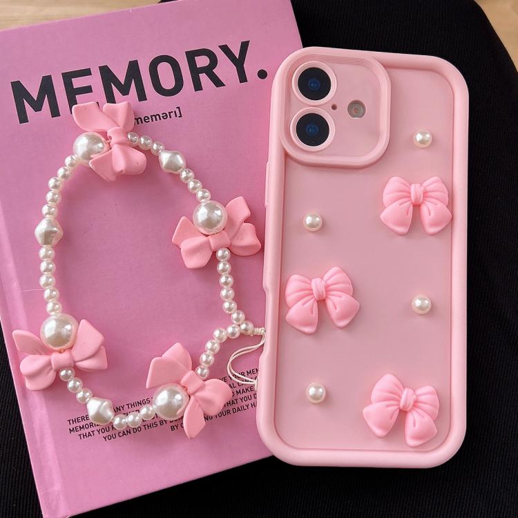 For iPhone 16 Soft Silicone 3D Bowknot Pearl Phone Case with Beaded Wrist Strap