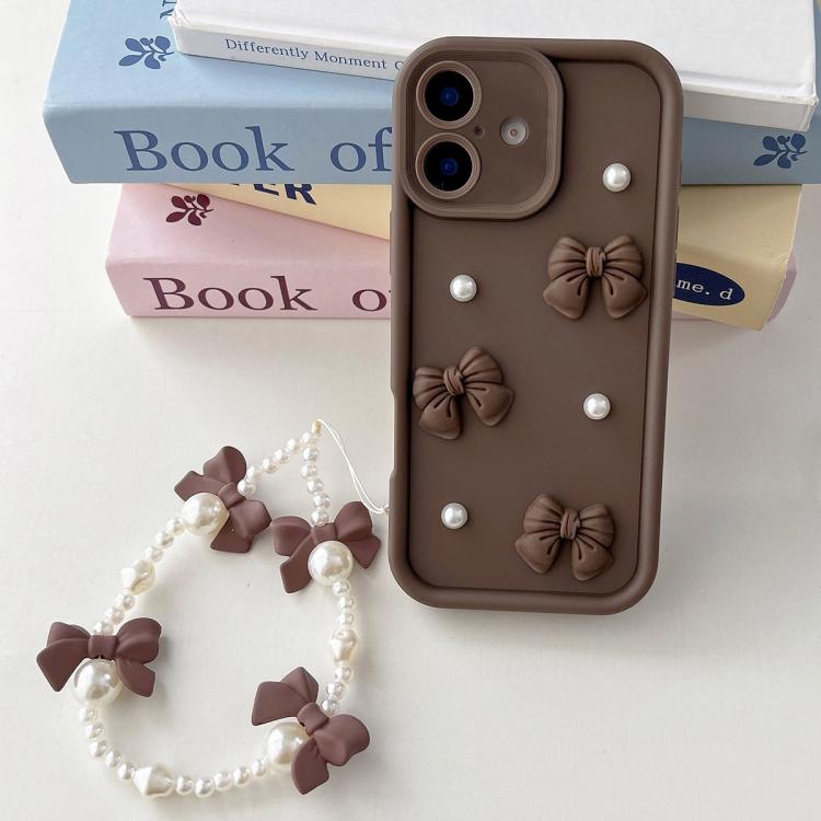 For iPhone 17 Soft Silicone 3D Bowknot Pearl Phone Case with Beaded Wrist Strap