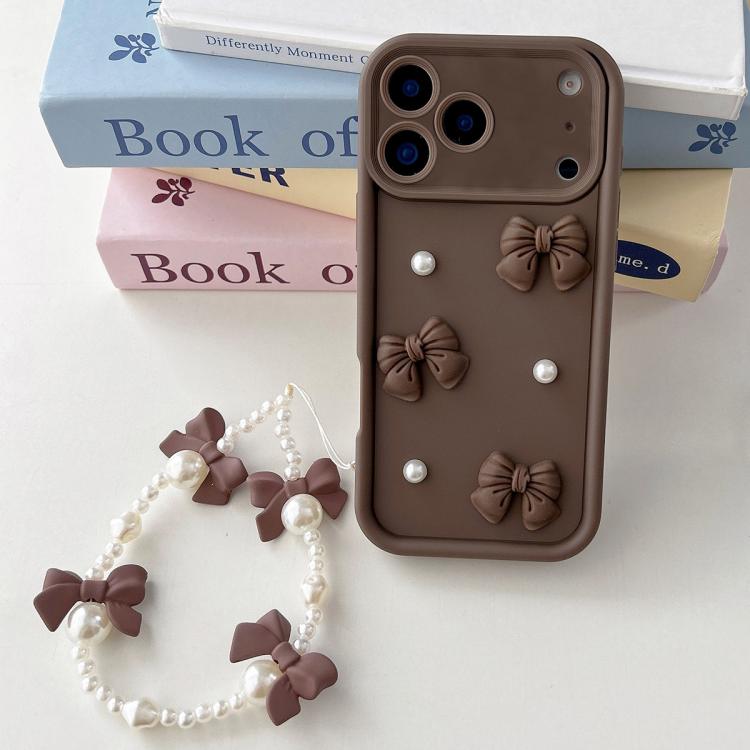 For iPhone 17 Pro Soft Silicone 3D Bowknot Pearl Phone Case with Beaded Wrist Strap