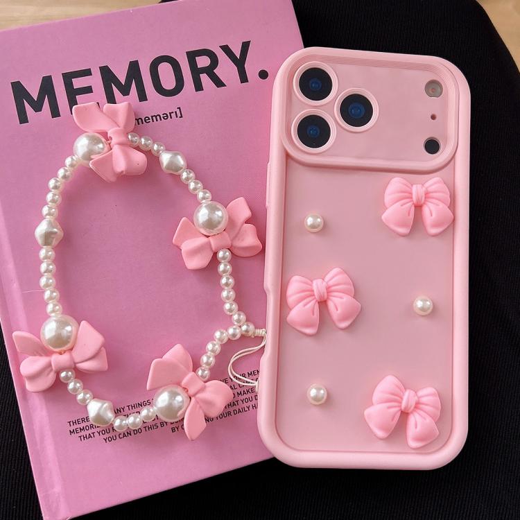 For iPhone 17 Pro Soft Silicone 3D Bowknot Pearl Phone Case with Beaded Wrist Strap