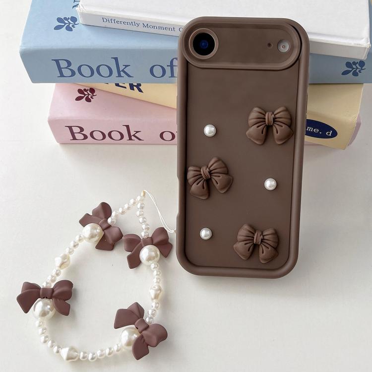 For iPhone Air Soft Silicone 3D Bowknot Pearl Phone Case with Beaded Wrist Strap