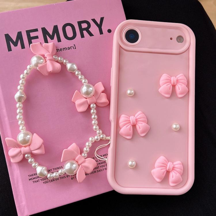 For iPhone Air Soft Silicone 3D Bowknot Pearl Phone Case with Beaded Wrist Strap