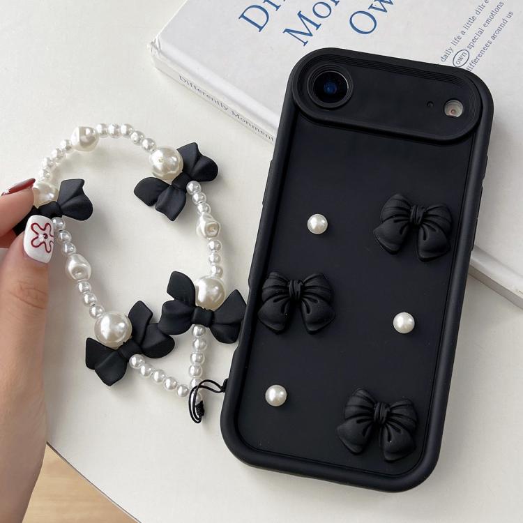 For iPhone Air Soft Silicone 3D Bowknot Pearl Phone Case with Beaded Wrist Strap