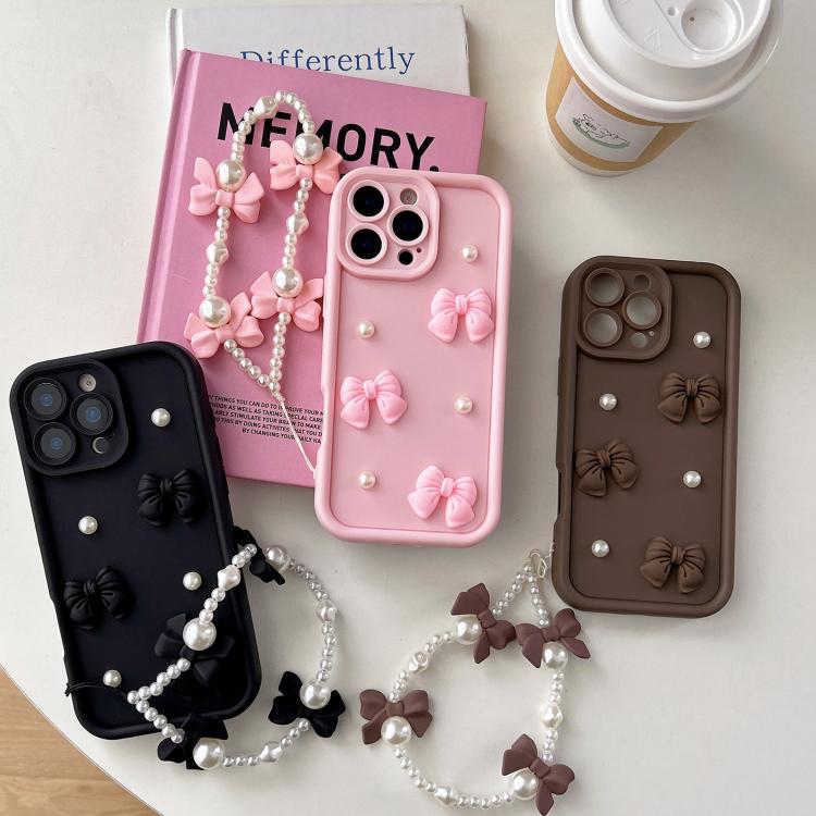 For iPhone 14 Soft Silicone 3D Bowknot Pearl Phone Case with Beaded Wrist Strap