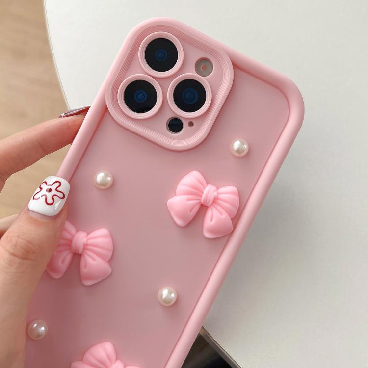 For iPhone 14 Soft Silicone 3D Bowknot Pearl Phone Case with Beaded Wrist Strap