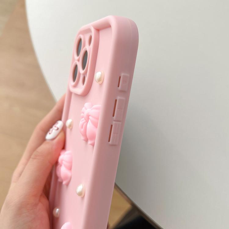 For iPhone 14 Soft Silicone 3D Bowknot Pearl Phone Case with Beaded Wrist Strap