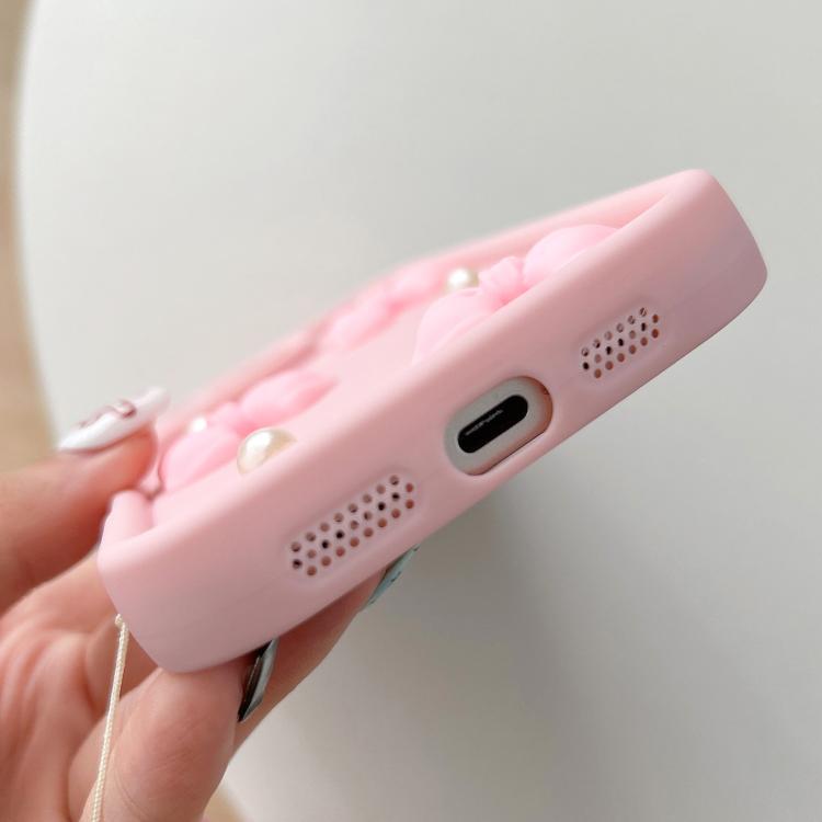 For iPhone 14 Soft Silicone 3D Bowknot Pearl Phone Case with Beaded Wrist Strap