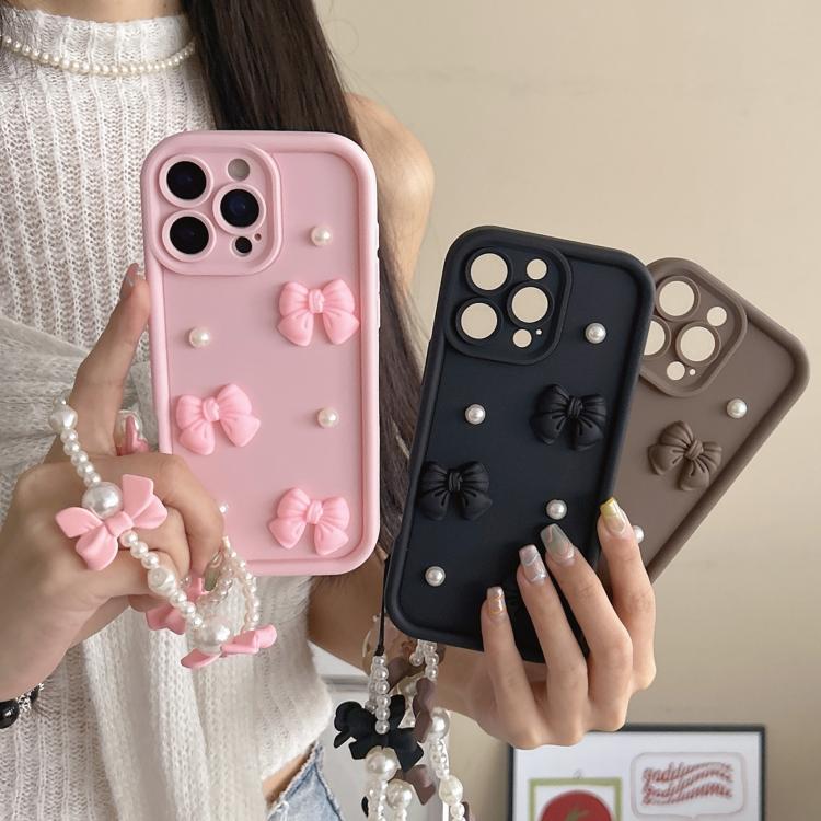 For iPhone 15 Pro Soft Silicone 3D Bowknot Pearl Phone Case with Beaded Wrist Strap