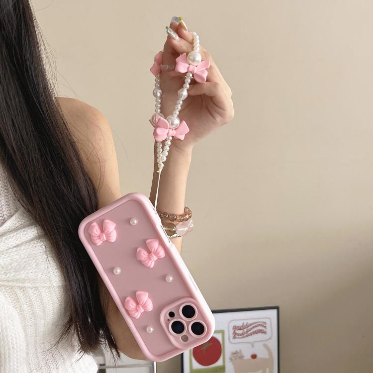 For iPhone 14 Soft Silicone 3D Bowknot Pearl Phone Case with Beaded Wrist Strap