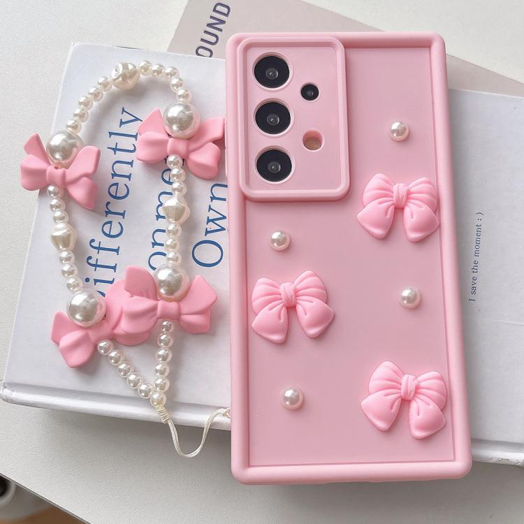 For Samsung Galaxy A73 Soft Silicone 3D Bowknot Pearl Phone Case with Beaded Wrist Strap
