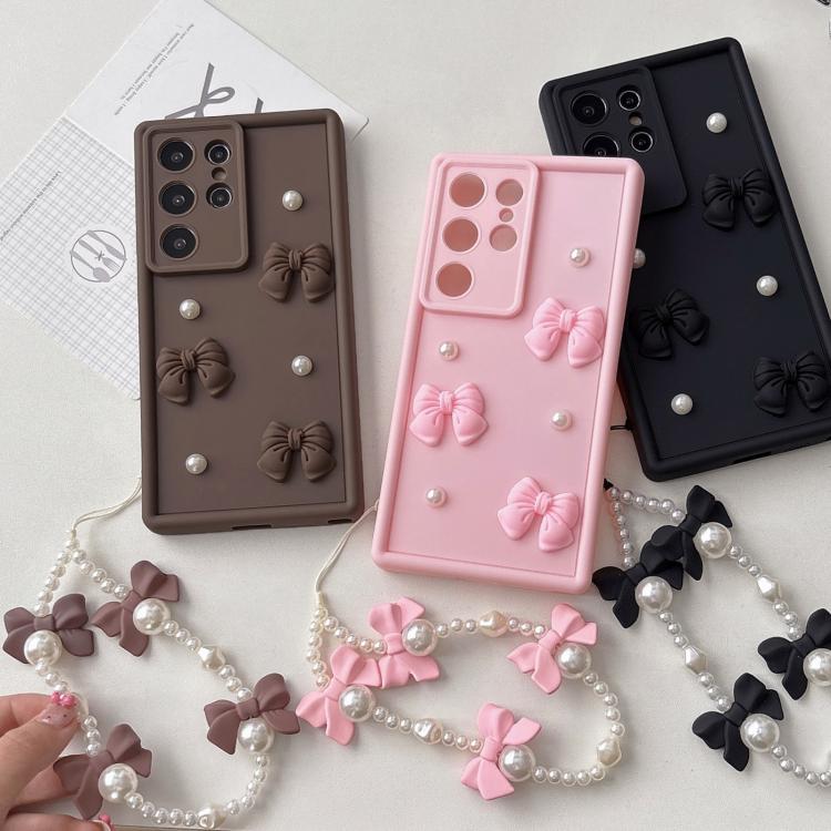 For Samsung Galaxy A36 5G Soft Silicone 3D Bowknot Pearl Phone Case with Beaded Wrist Strap