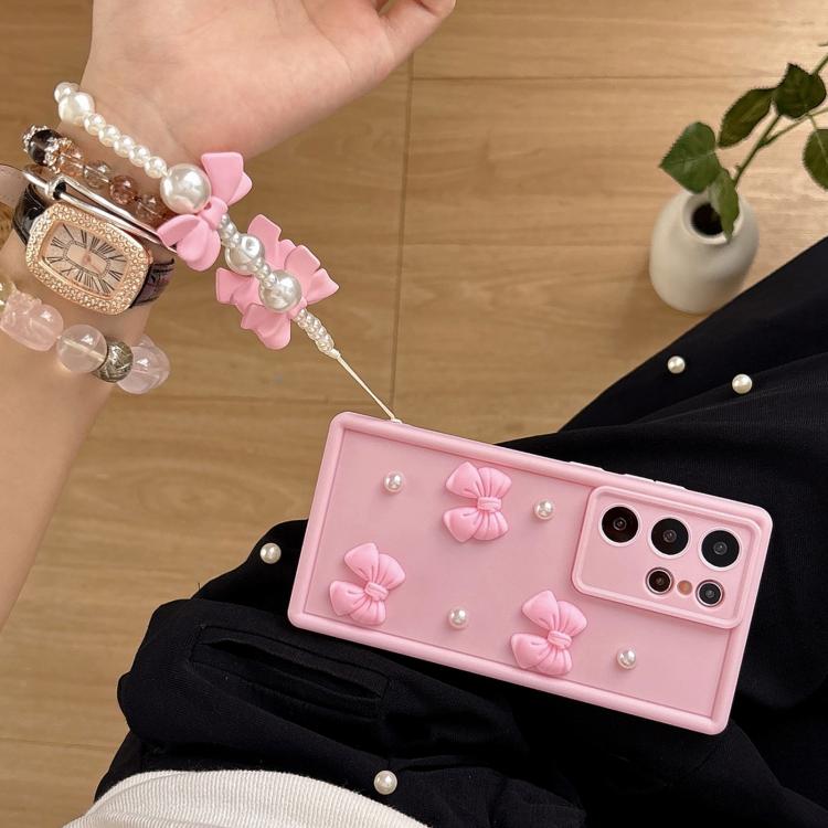 For Samsung Galaxy A34 5G Soft Silicone 3D Bowknot Pearl Phone Case with Beaded Wrist Strap
