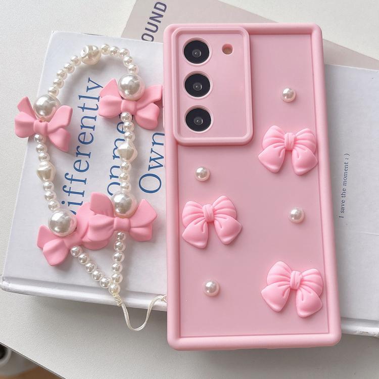 For Samsung Galaxy S22+ 5G Soft Silicone 3D Bowknot Pearl Phone Case with Beaded Wrist Strap
