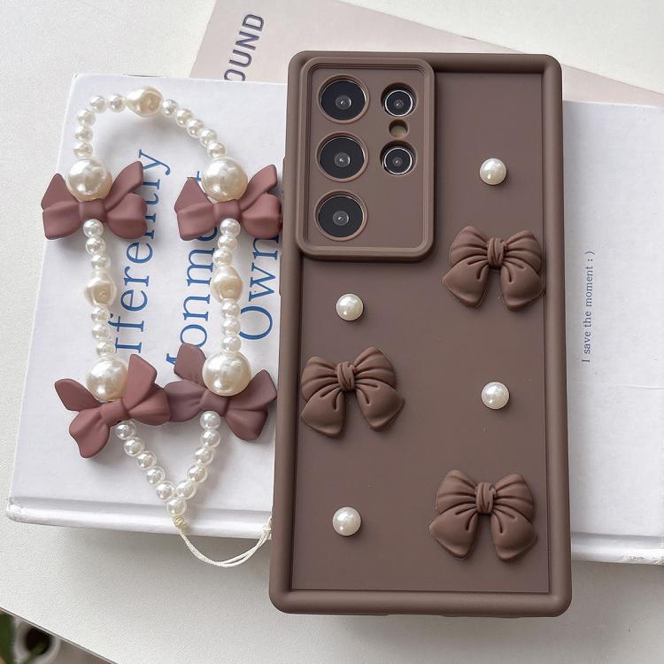 For Samsung Galaxy S23 Ultra 5G Soft Silicone 3D Bowknot Pearl Phone Case with Beaded Wrist Strap