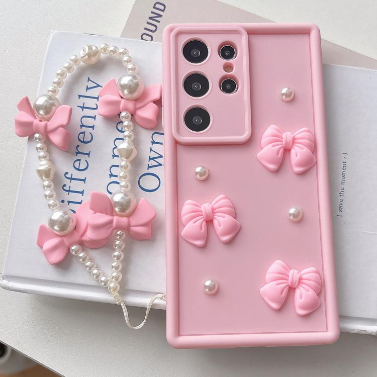 For Samsung Galaxy S23 Ultra 5G Soft Silicone 3D Bowknot Pearl Phone Case with Beaded Wrist Strap