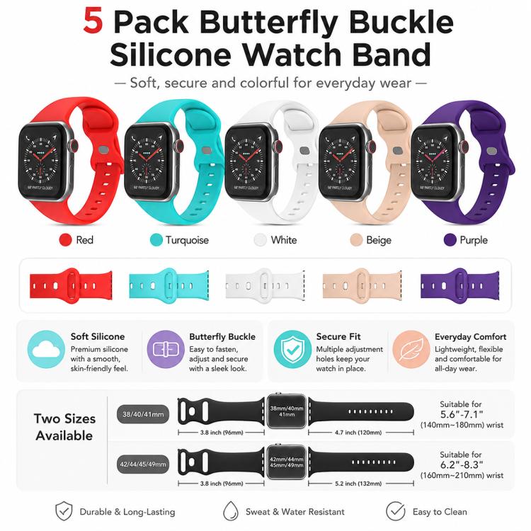 For Apple Watch 42 / 44 / 45 / 46 / 49mm 5 Pack xDfind Butterfly Buckle Silicone Watch Band