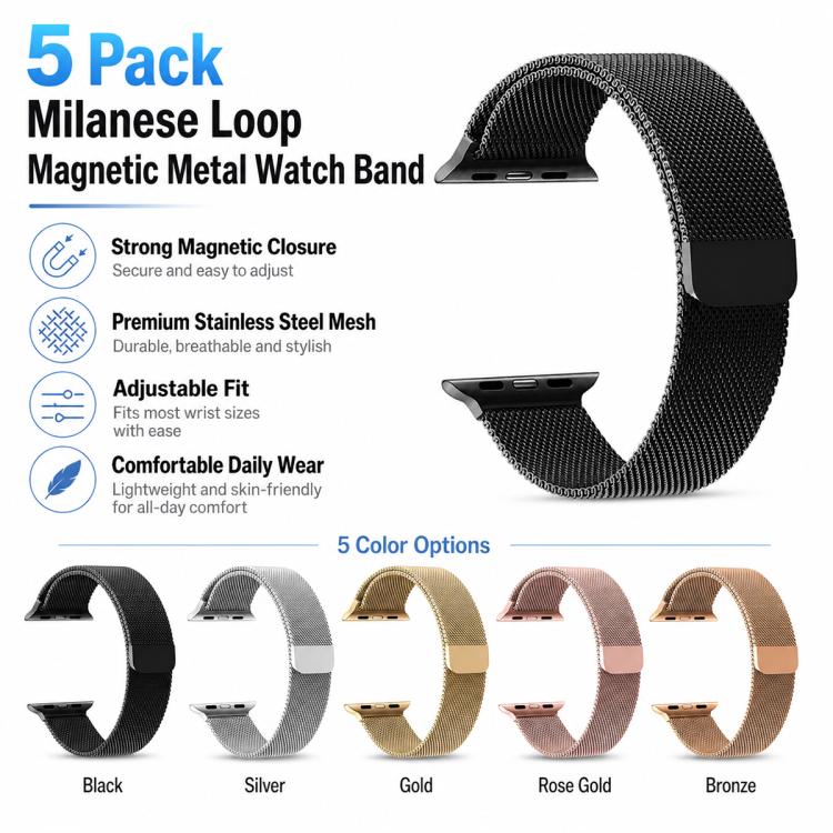 For Apple Watch 38 / 40 / 41 / S11 42mm 5 Pack xDfind Milanese Loop Magnetic Metal Watch Band