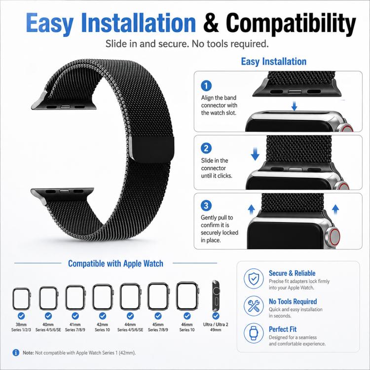 For Apple Watch 42 / 44 / 45 / 46 / 49mm 5 Pack xDfind Milanese Loop Magnetic Metal Watch Band