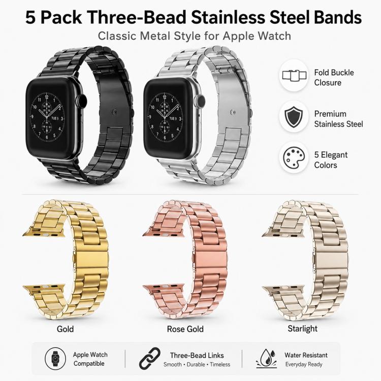 For Apple Watch 38 / 40 / 41 / S11 42mm 5 Pack xDfind Three Beads Fold Buckle Stainless Steel Watch Band