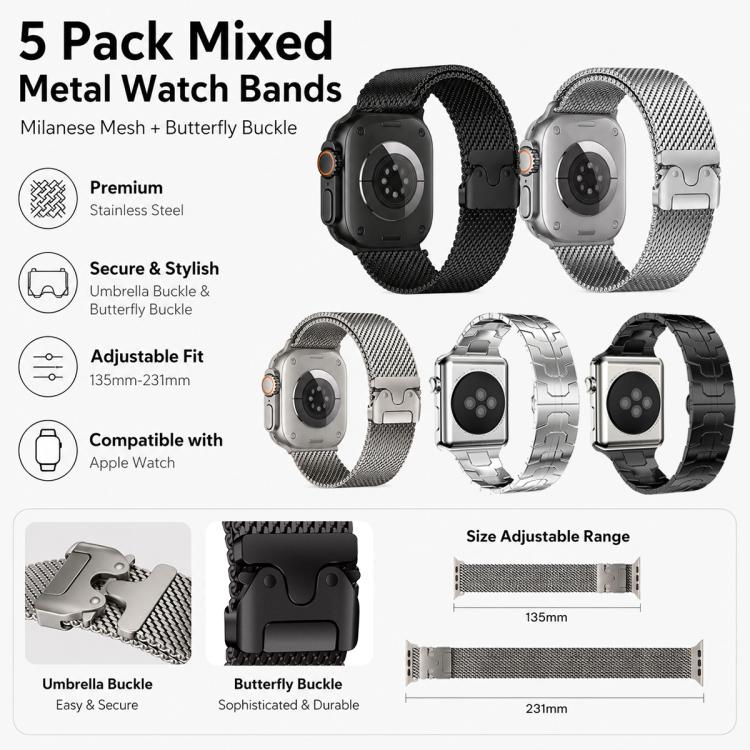 For Apple Watch 42 / 44 / 45 / 46 / 49mm 5 Pack xDfind Umbrella Buckle Milanese + Butterfly Buckle Mixed Watch Band
