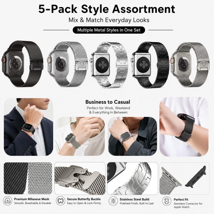 For Apple Watch 42 / 44 / 45 / 46 / 49mm 5 Pack xDfind Umbrella Buckle Milanese + Butterfly Buckle Mixed Watch Band