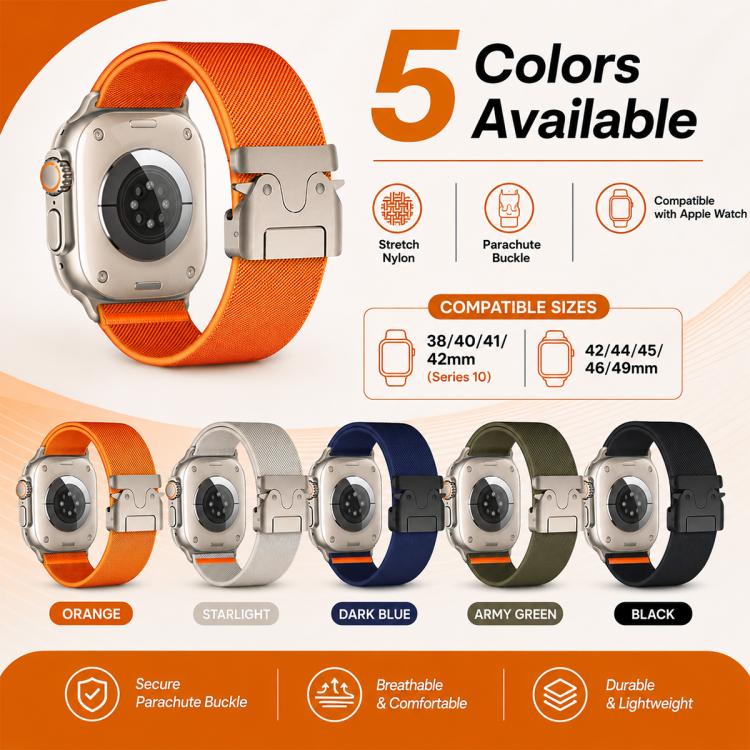 For Apple Watch 42 / 44 / 45 / 46 / 49mm 5 Pack xDfind Parachute Buckle Stretch Nylon Watch Band