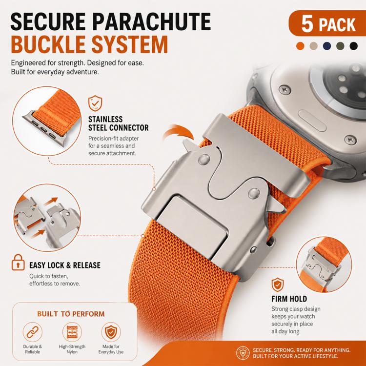 For Apple Watch 42 / 44 / 45 / 46 / 49mm 5 Pack xDfind Parachute Buckle Stretch Nylon Watch Band