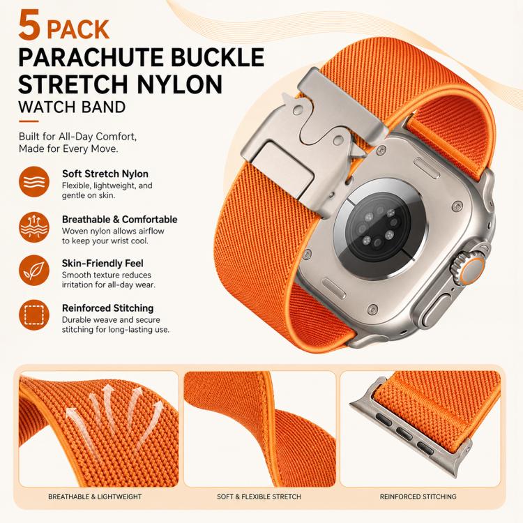 For Apple Watch 42 / 44 / 45 / 46 / 49mm 5 Pack xDfind Parachute Buckle Stretch Nylon Watch Band