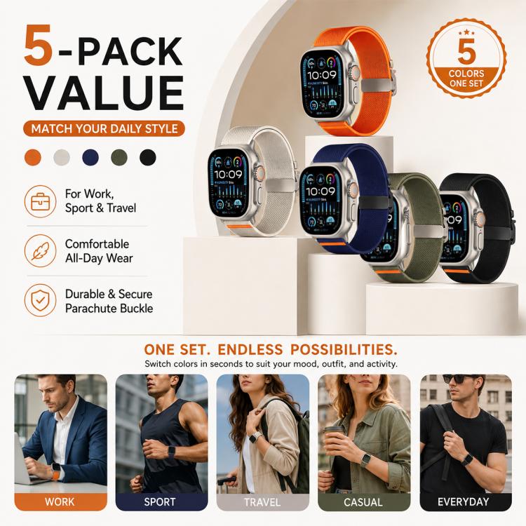 For Apple Watch 38 / 40 / 41 / S11 42mm 5 Pack xDfind Parachute Buckle Stretch Nylon Watch Band