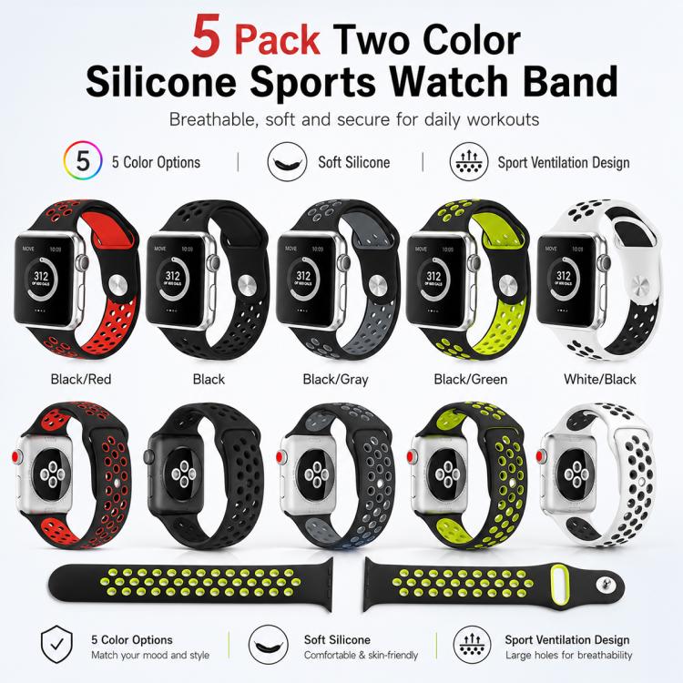 For Apple Watch 38 / 40 / 41 / S11 42mm 5 Pack xDfind Two Color Silicone Sports Watch Band