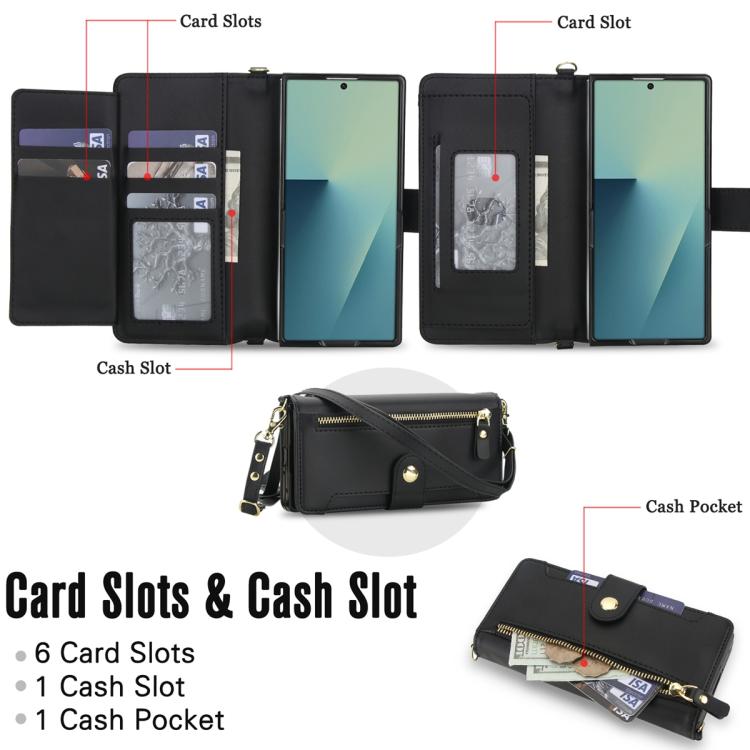 For Samsung Galaxy Z Fold7 5G Seven Card Slots Zipper Wallet Leather Phone Case with Lanyard